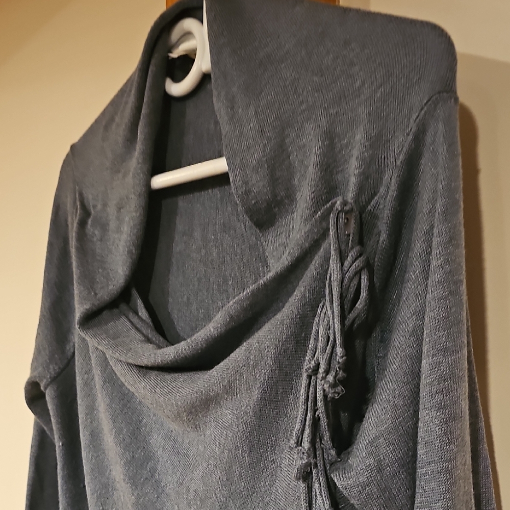 Elegant Denim Blue Women's Sweater with Fringe Detail